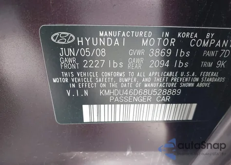 2008 Hyundai Elantra Gls/Se из США, поврежденный, VIN KMHDU46D68U528889